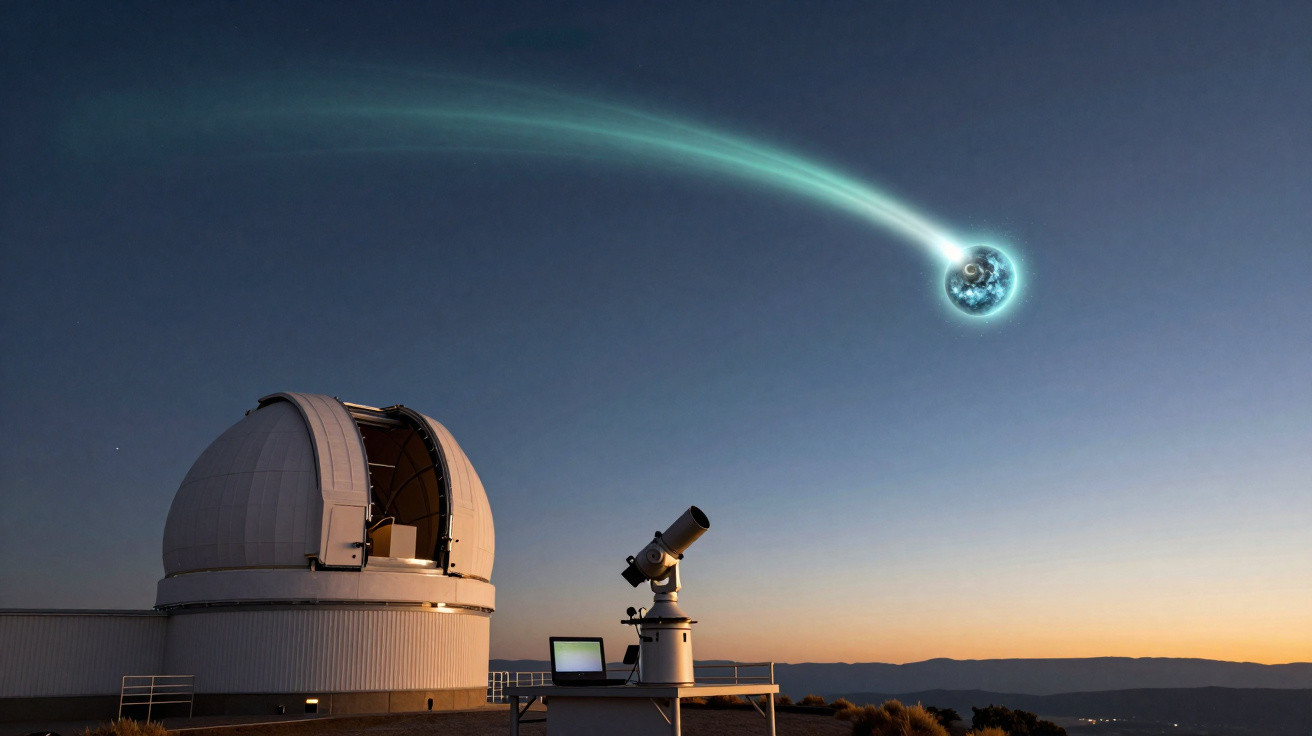 Observatório astronômico ao entardecer com telescópio e cometa luminoso no céu.