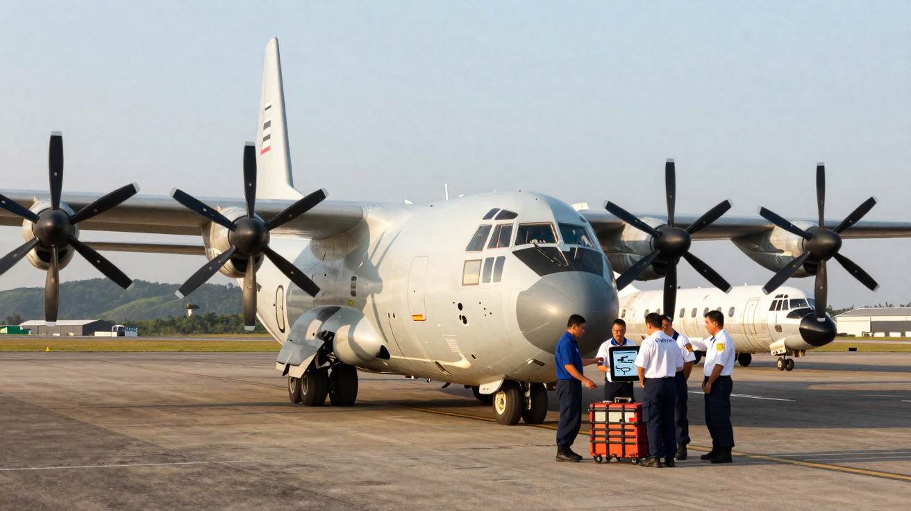 Quatro homens em uniforme conversam ao lado de avião militar cinza estacionado em pista de aeroporto.