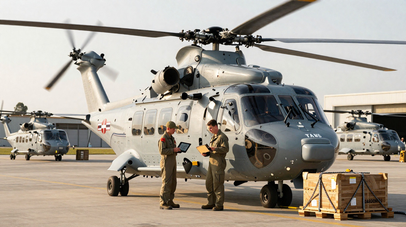 Helicópteros militares estacionados em base aérea com dois pilotos em uniforme consultando tablets.