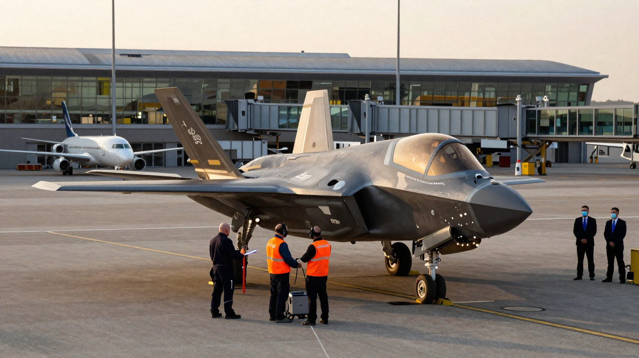 Avião militar stealth estacionado em aeroporto com três homens em coletes laranja e duas pessoas ao fundo.