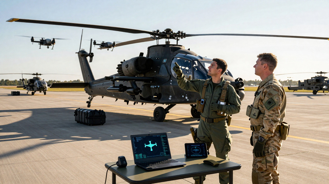 Dois soldados em uniforme conversam perto de helicóptero militar em pista com drones voando ao fundo.