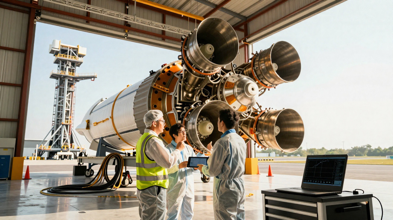Engenheiros conversando diante de um foguete em hangar, com laptop e equipamento de monitoramento.