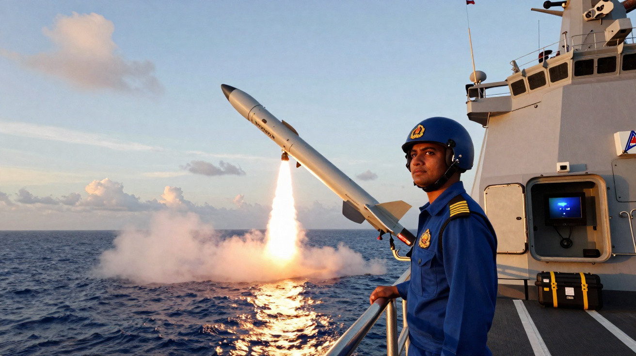 Militar da Marinha em barco observa míssil sendo lançado sobre o mar ao entardecer.