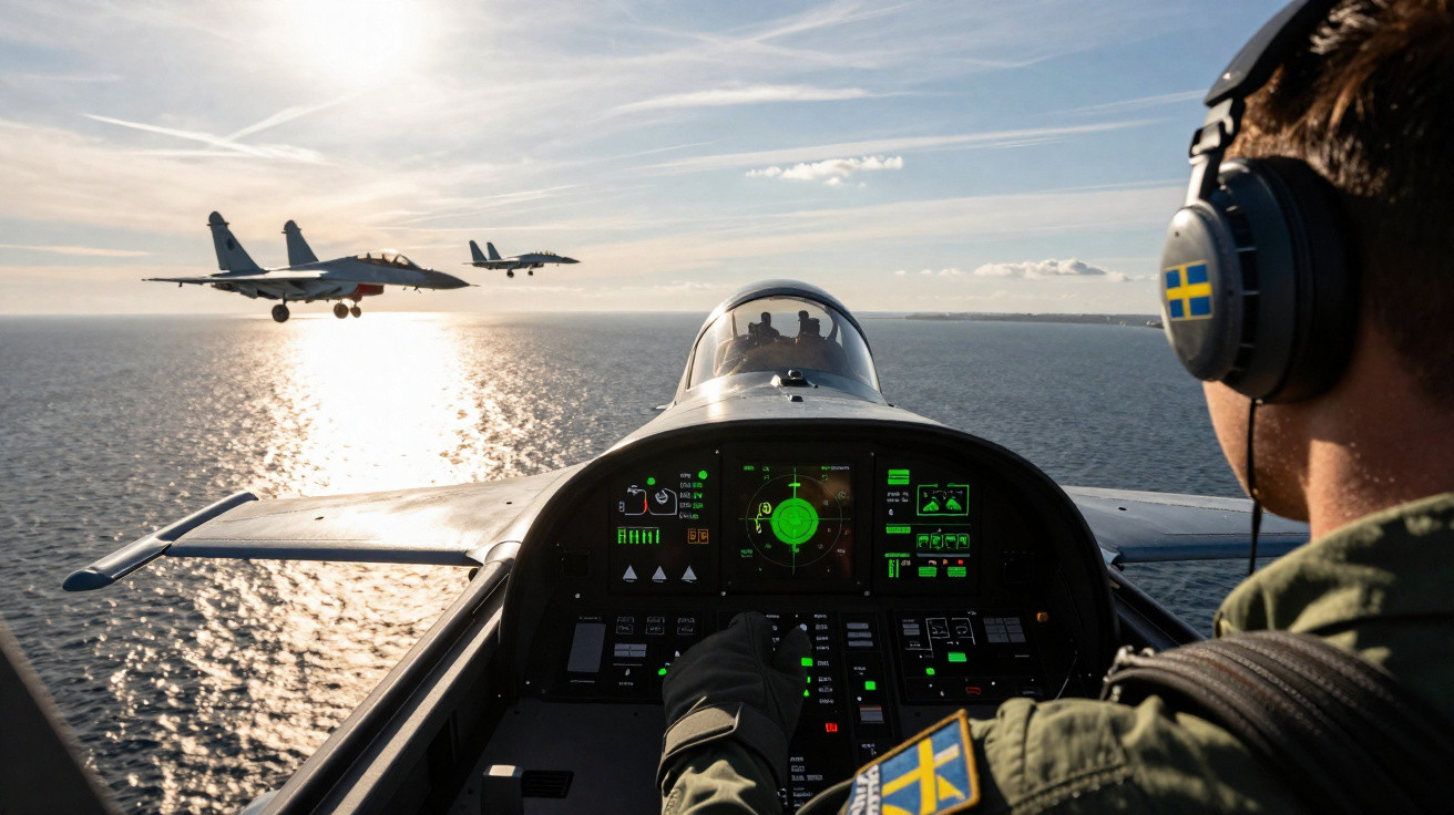 Piloto em cockpit de caça com fones, voando sobre o mar ao pôr do sol com dois caças à frente.