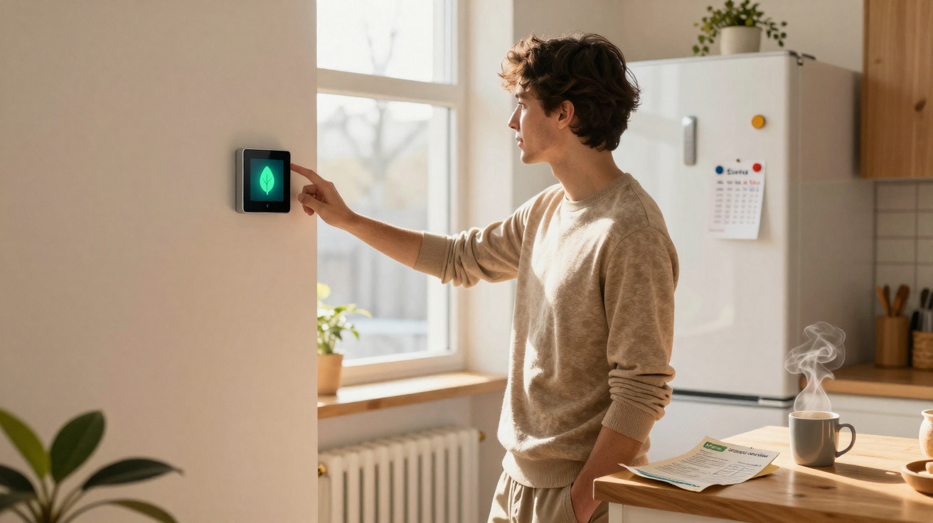 Homem ajusta termostato digital em ambiente iluminado, cozinha e mesa ao fundo com xícara fumegante.