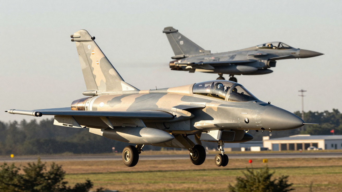 Dois caças militares de combate voando baixos sobre pista de pouso com área verde ao redor.