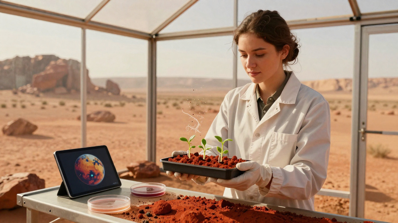 Mulher cientista em estufa no deserto segurando bandeja com mudas e solo avermelhado, ao lado tablet com imagem de planeta.