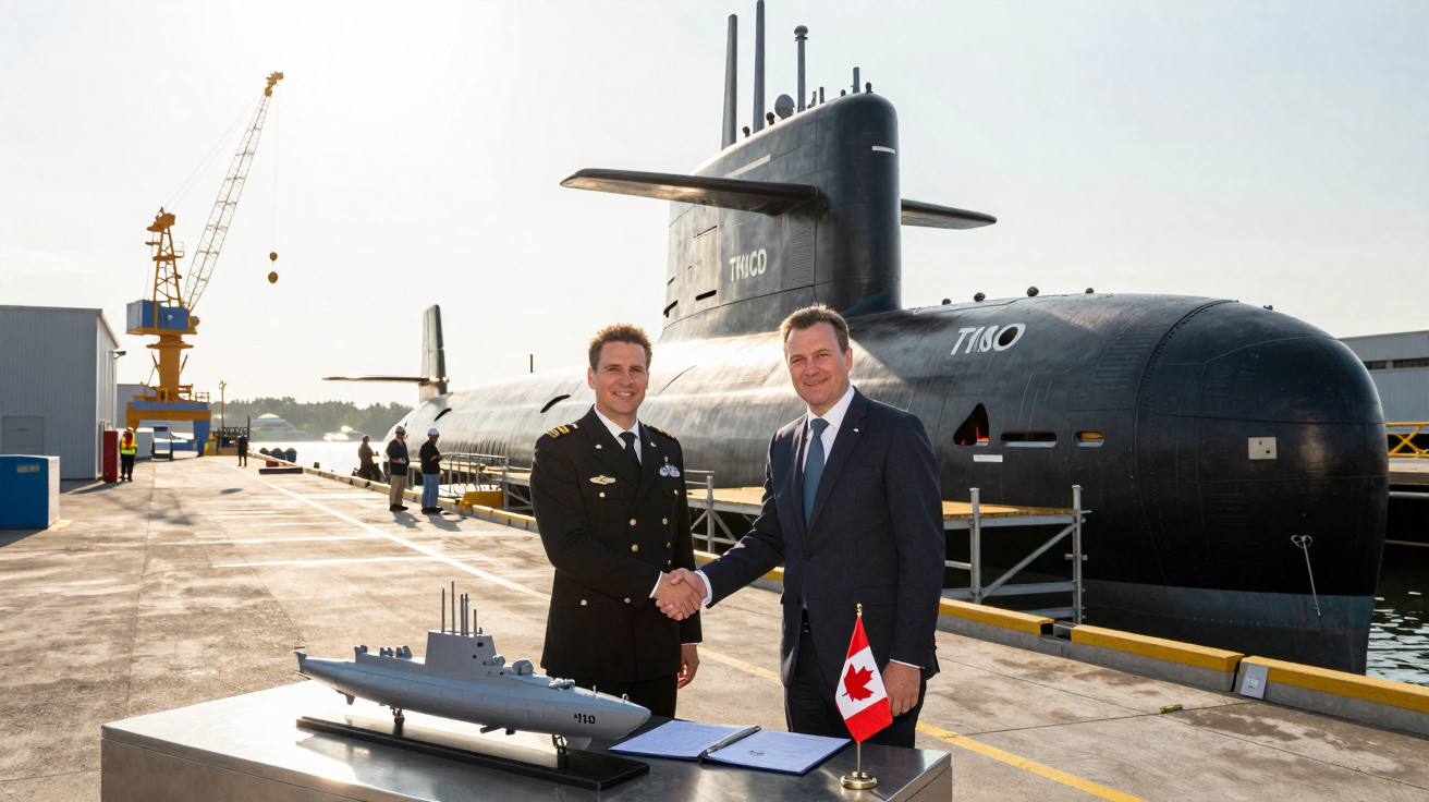Dois homens apertando as mãos no cais, com um submarino e uma maquete do submarino ao fundo.