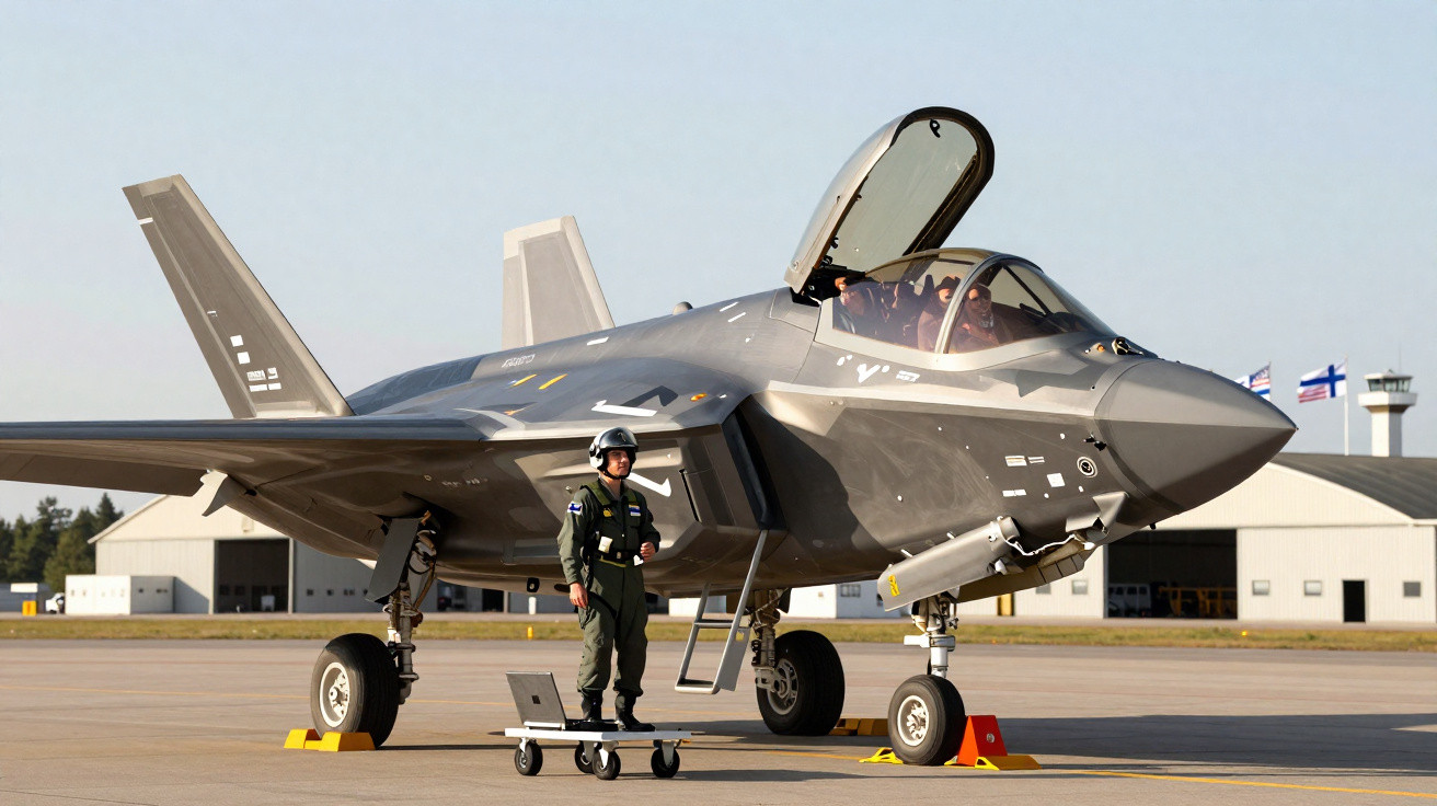 Caça stealth cinza com piloto na cabine e militar em frente na pista de aeroporto.