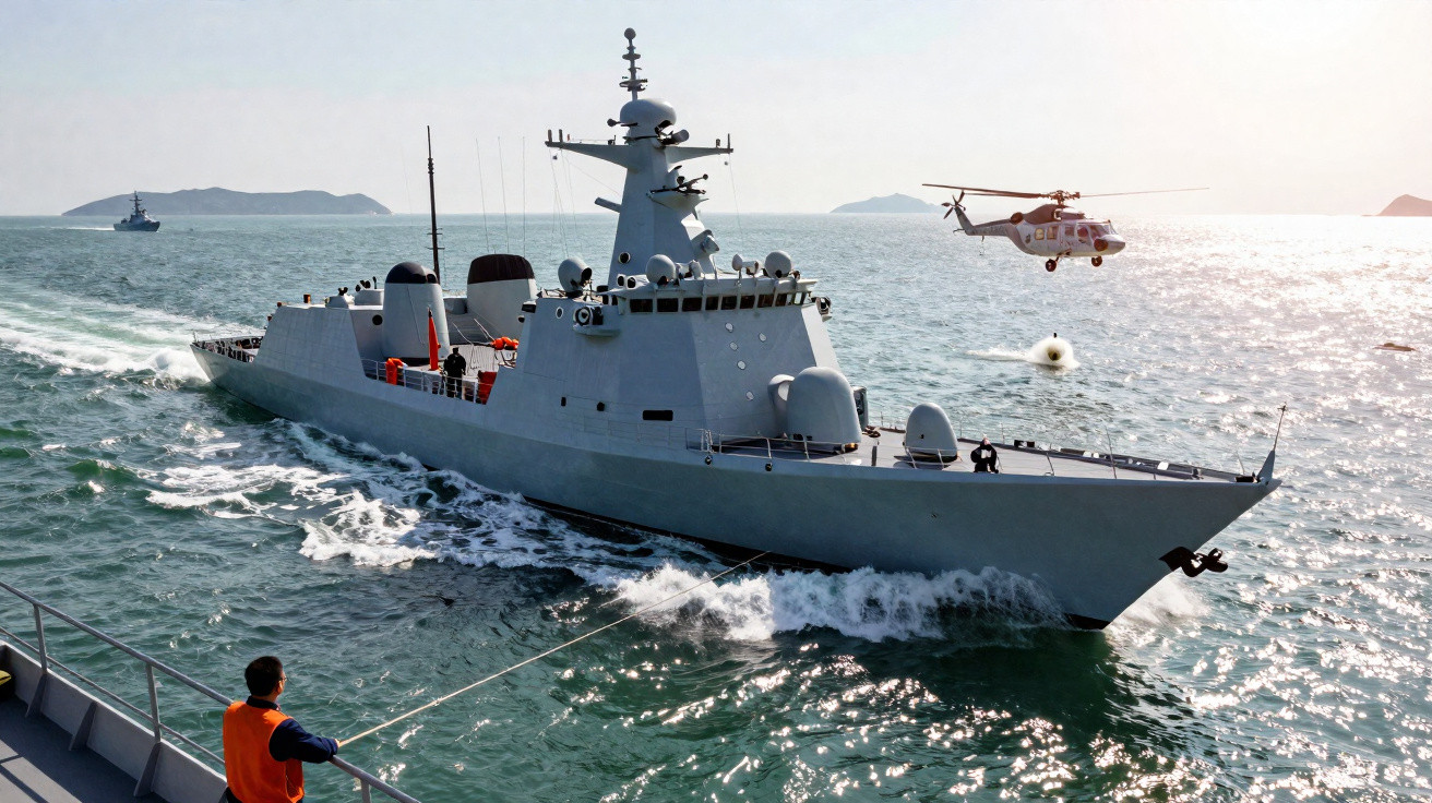 Navio militar cinza no mar com helicóptero voando e pessoa com colete laranja na proa de outra embarcação.