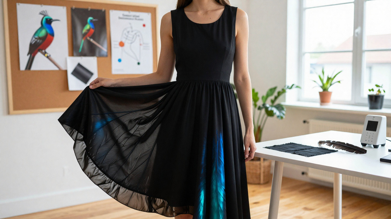 Mulher com vestido preto exibindo detalhes azuis, em ambiente interno com plantas e quadros na parede.