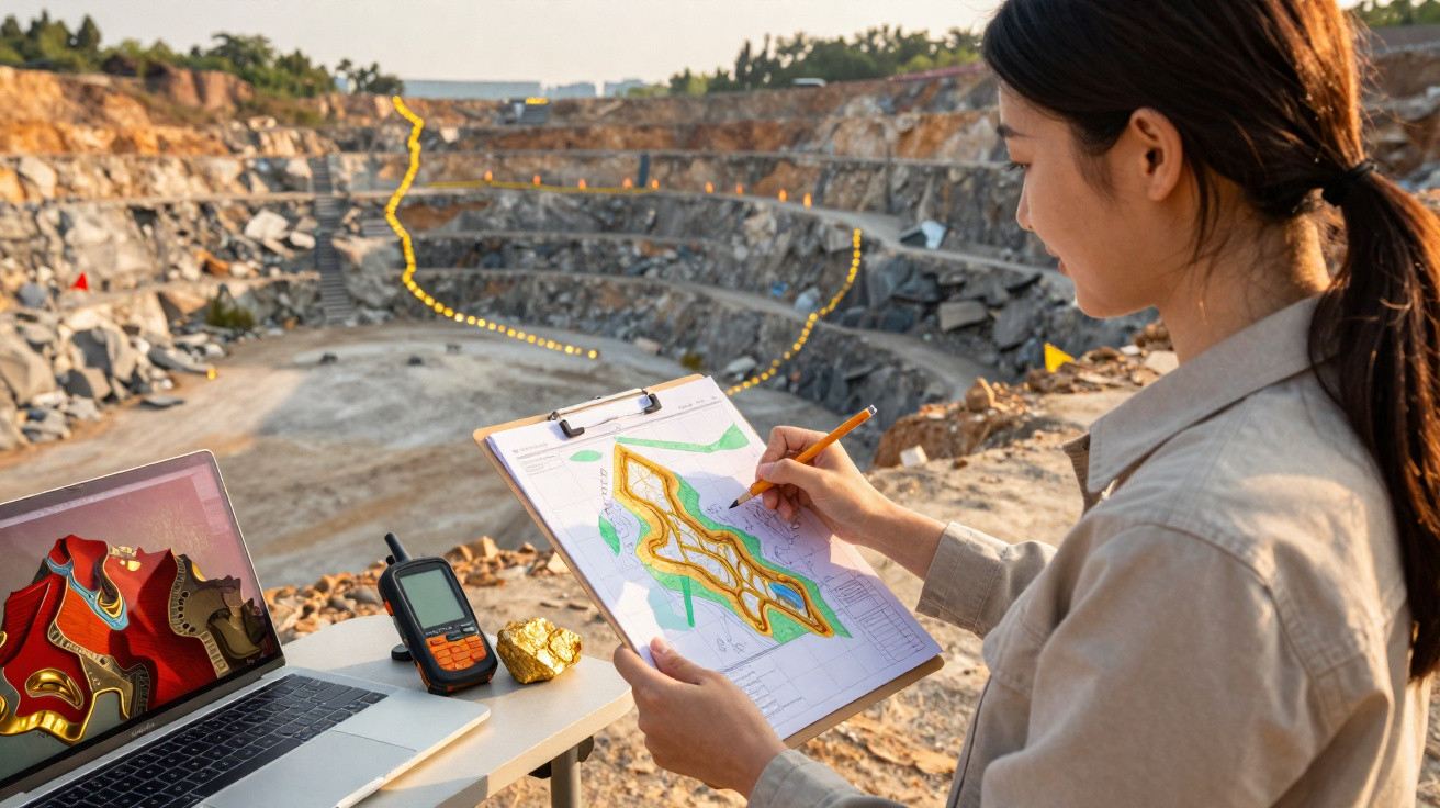 Mulher analisando mapa topográfico em caderno ao lado de computador e rádio em pedreira a céu aberto.