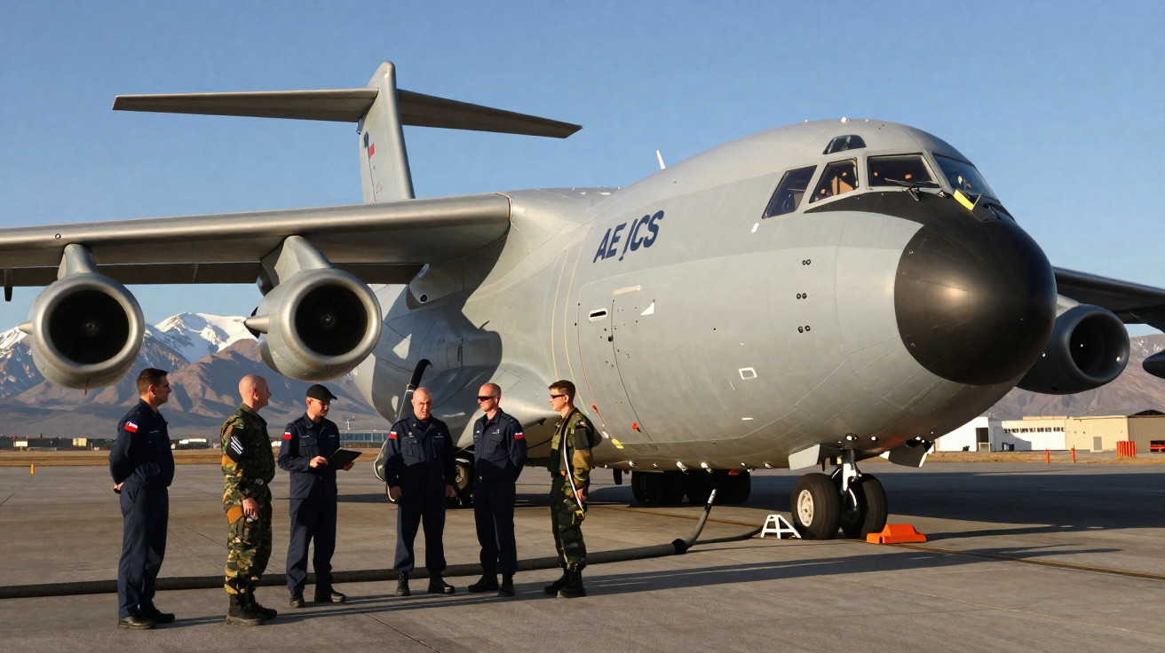 Avião militar estacionado com seis pessoas em pé ao redor na pista de aeroporto com montanhas ao fundo.