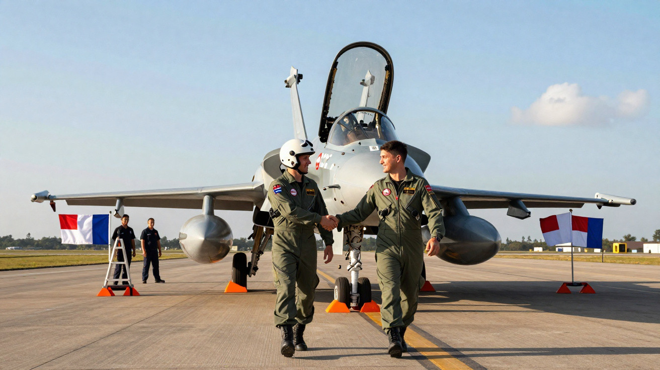 Dois pilotos militares apertando as mãos na frente de um caça estacionado em pista de aeroporto.