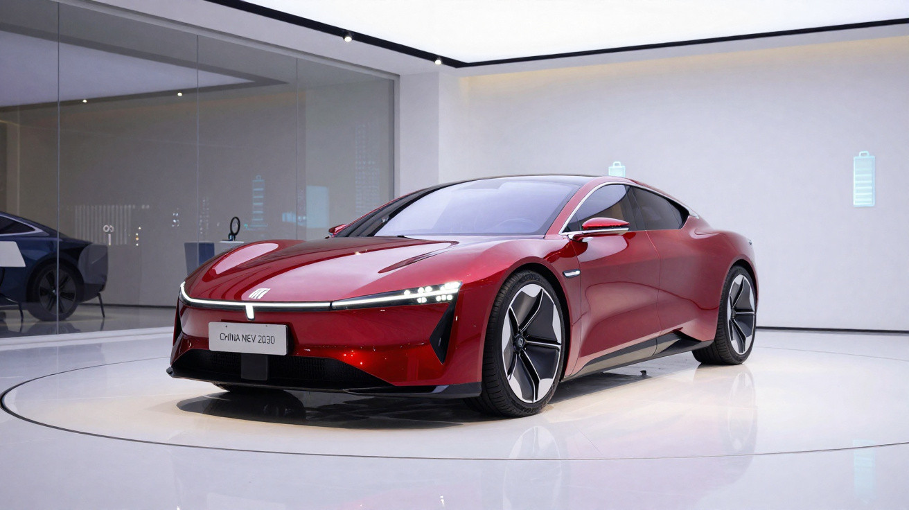 Carro conceito vermelho elétrico China NED 2030 exposto em ambiente moderno e iluminado.