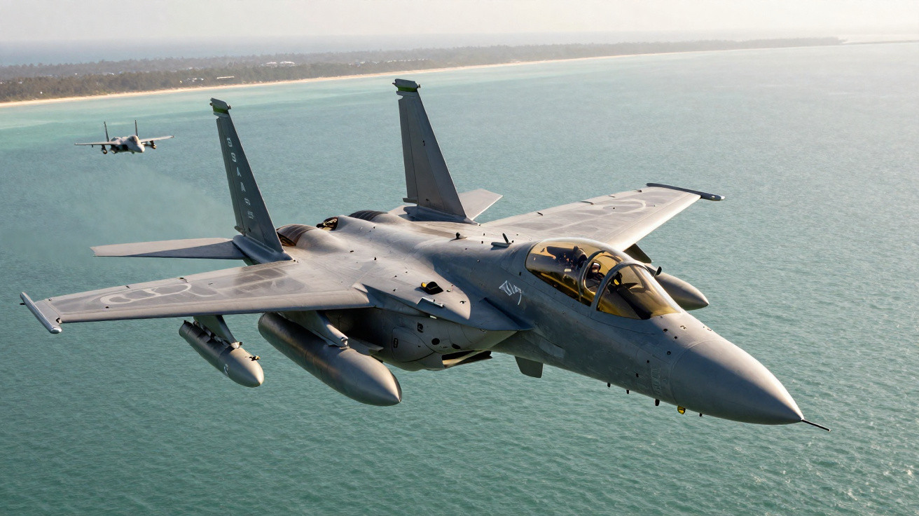 Caça militar voando sobre o oceano com outro avião ao fundo e costa distante na imagem.