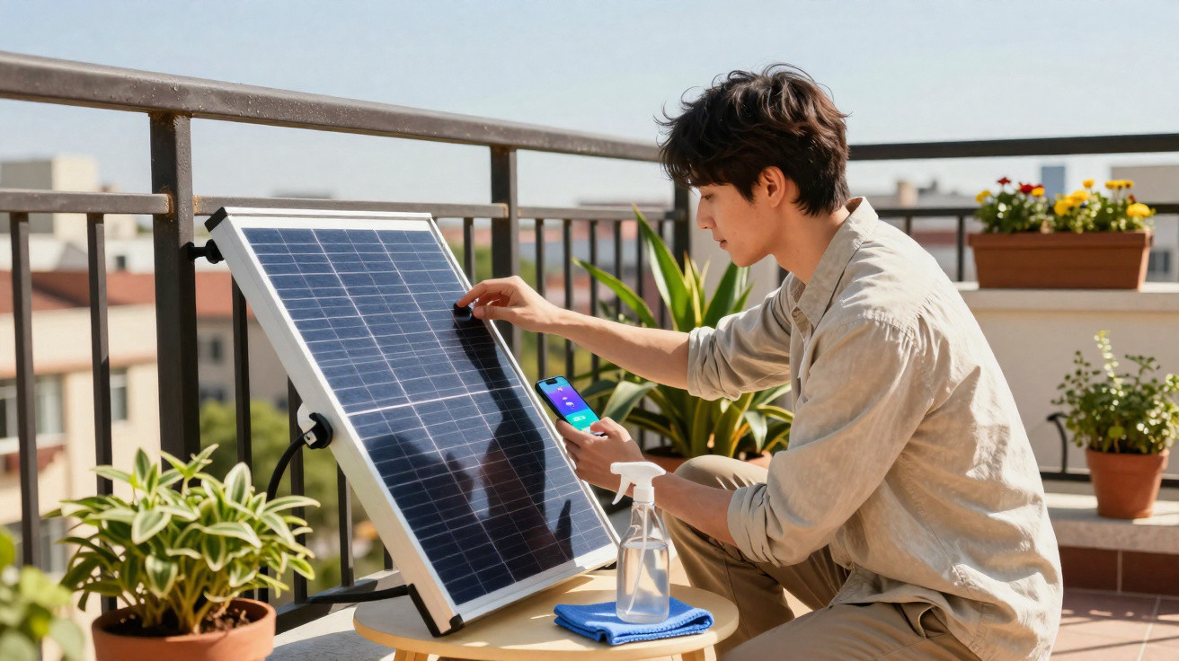 Pessoa ajustando painel solar pequeno em varanda com plantas, segurando celular na outra mão.