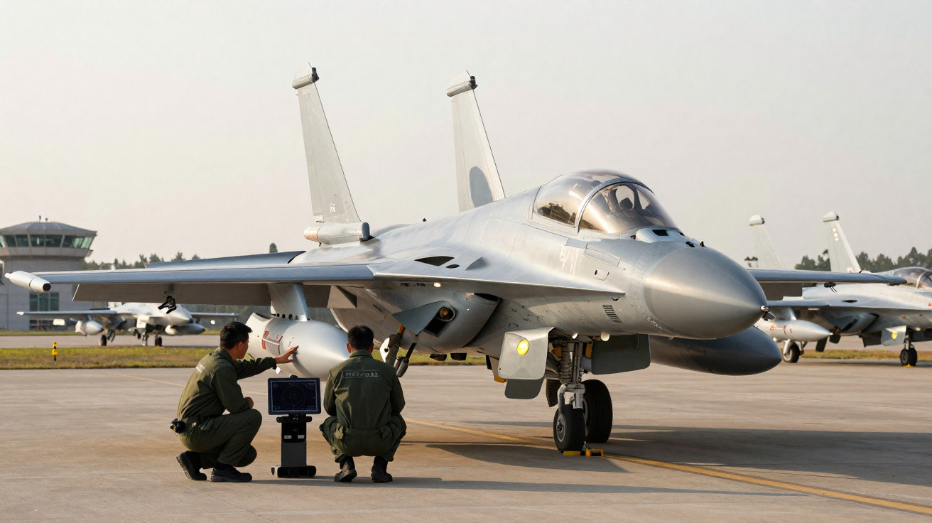 Dois militares em uniforme inspecionam jato de caça cinza estacionado em pista de aeroporto.