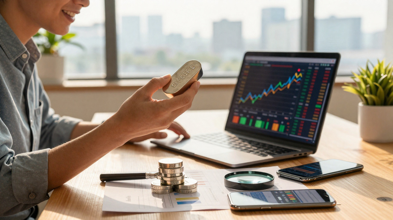 Pessoa segurando barra de prata com gráficos financeiros em laptop e moedas na mesa em escritório.