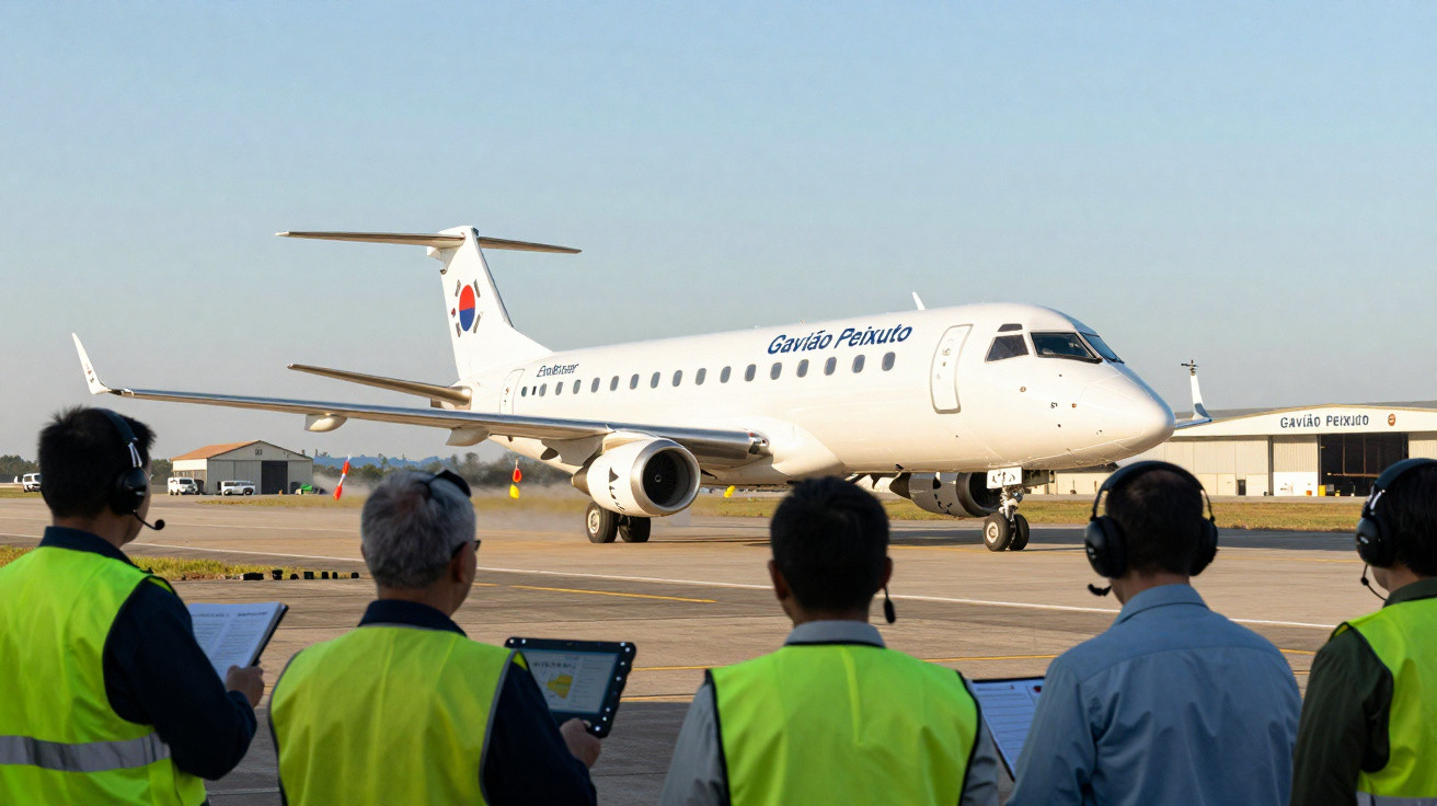 Avião Gavião Peixuto taxiando na pista com cinco pessoas de colete amarelo observando em primeiro plano.