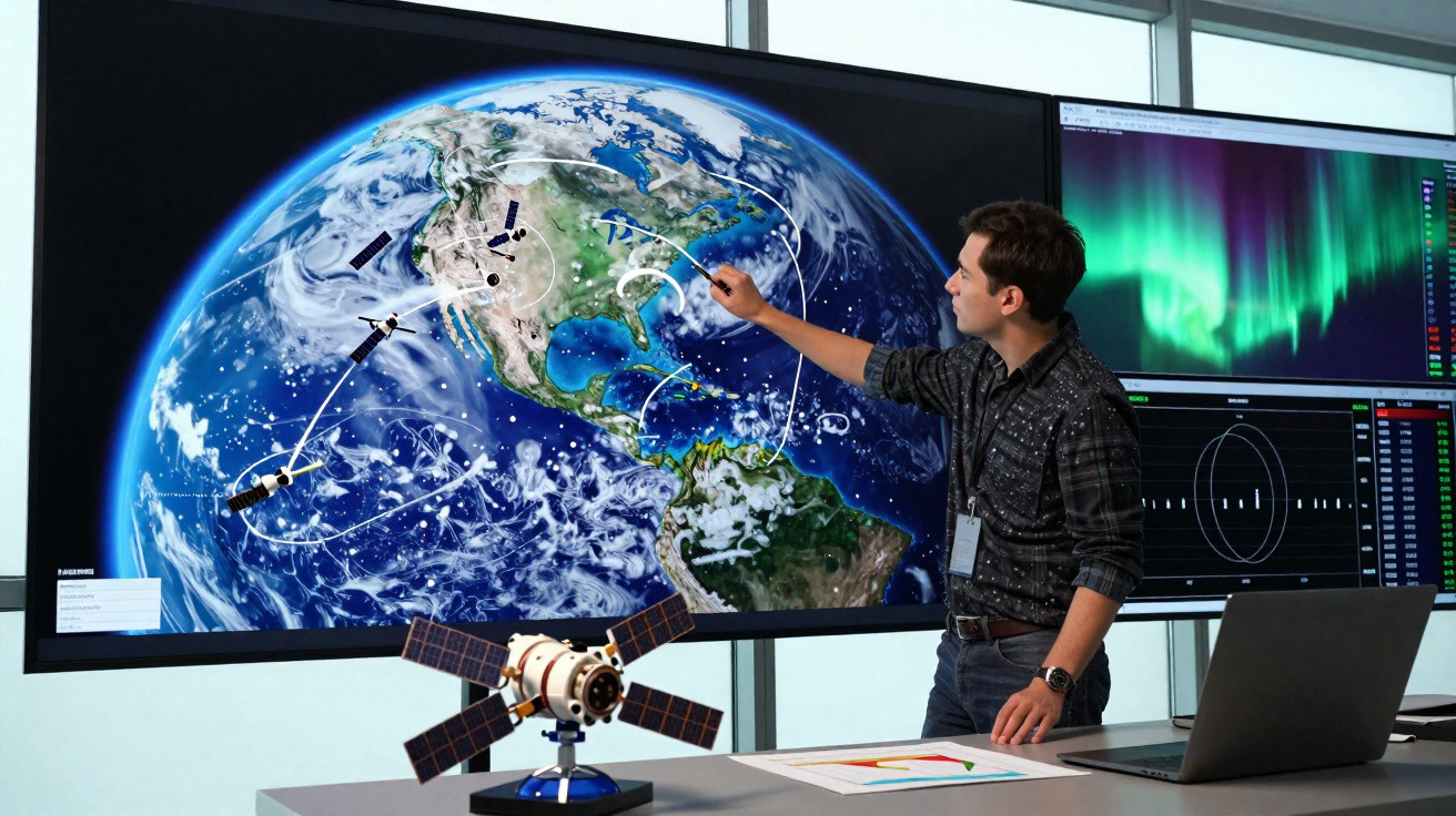 Homem aponta dados climáticos e trajetórias de satélites em tela gigante com mapa da Terra.