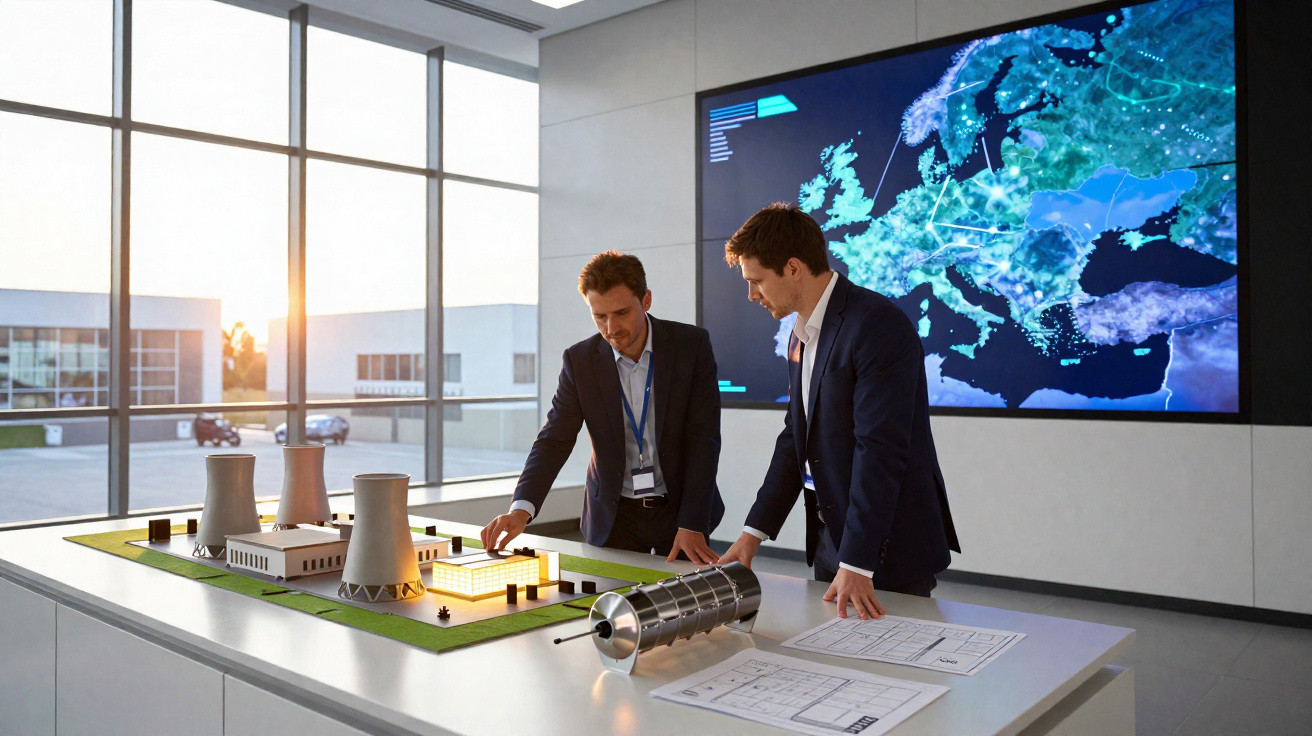 Dois homens analisando maquete industrial em escritório moderno com mapa digital da Europa ao fundo.