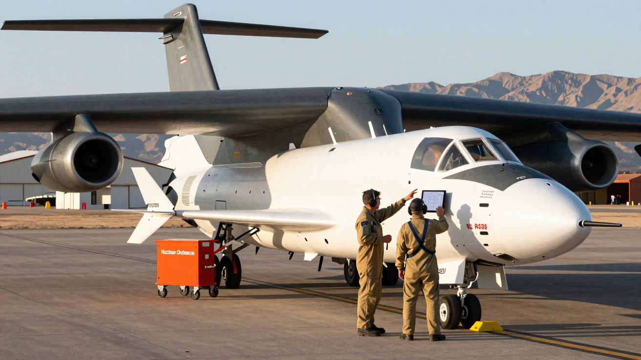 Dois técnicos em macacão verificam checklist junto ao avião branco estacionado na pista com montanhas ao fundo.