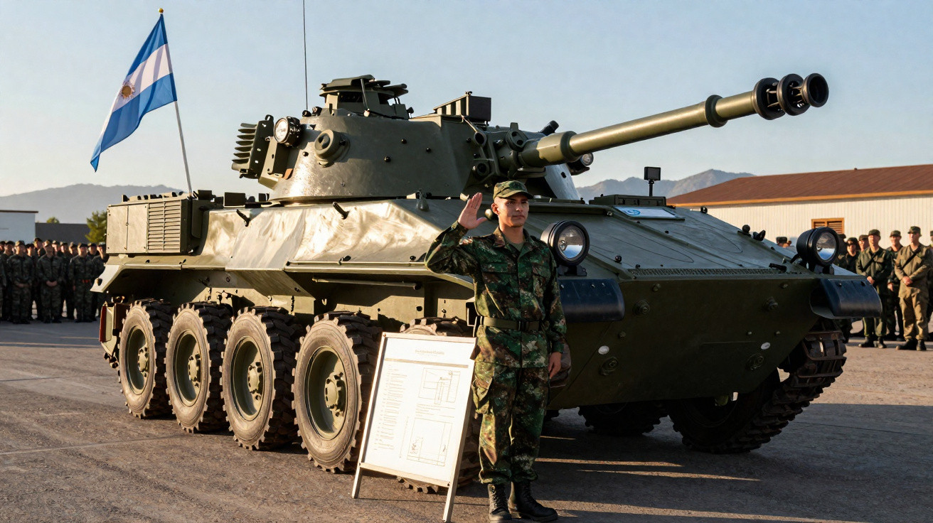 Soldado em uniforme camuflado cumprimenta em frente a veículo militar blindado com bandeira argentina.