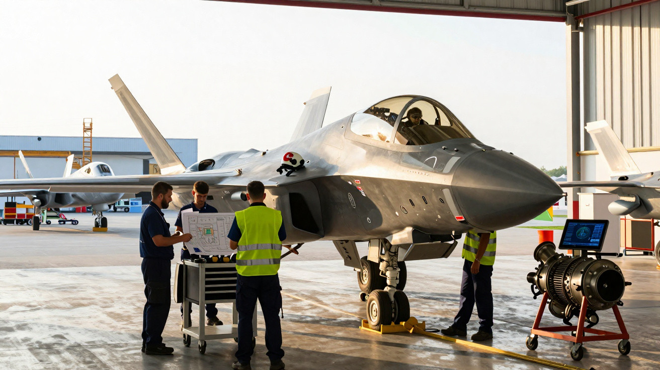 Caça militar cinza em hangar com quatro técnicos em uniforme fazendo manutenção e verificações.