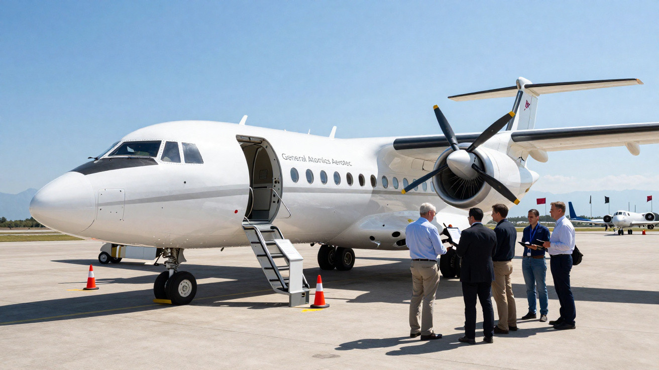 Avião branco estacionado no pátio com escada de acesso e cinco pessoas conversando perto da aeronave.