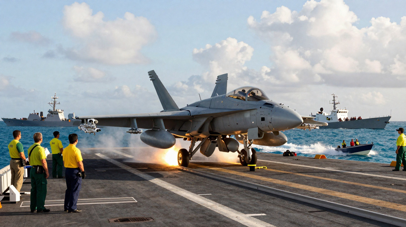 Caça F-18 decolando de um porta-aviões com equipe de convés e barcos ao fundo no mar.