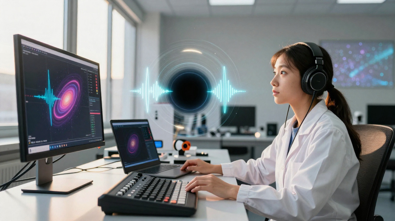 Mulher cientista com fones de ouvido analisando dados espaciais em computador em laboratório moderno.