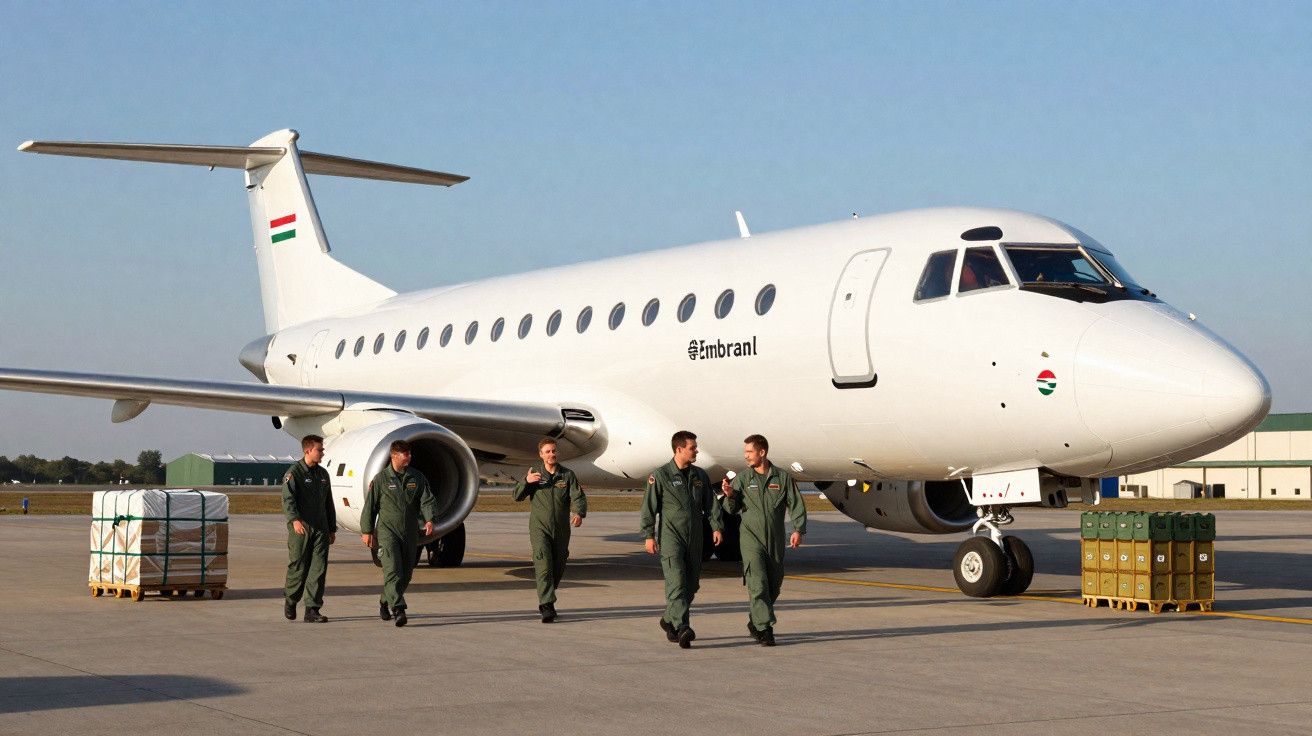 Avião militar branco no pátio de aeroporto com cinco homens em uniformes verdes caminhando ao lado.