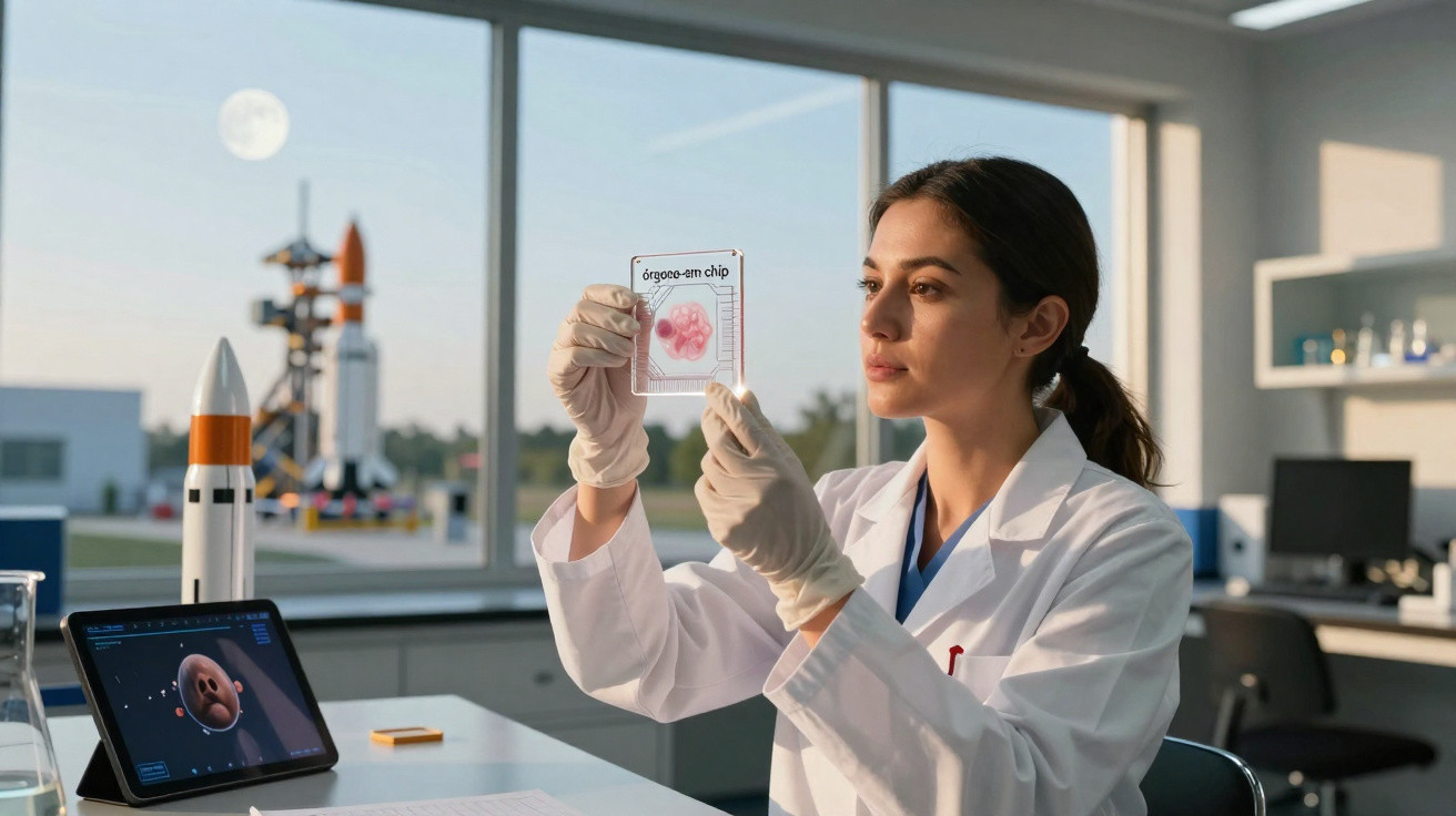 Cientista feminina analisando chip com órgão em laboratório espacial com foguete ao fundo.
