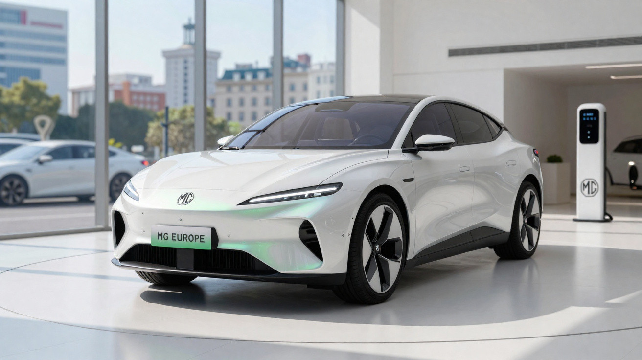 Carro elétrico branco MG Europe em showroom moderno com estação de recarga ao fundo.
