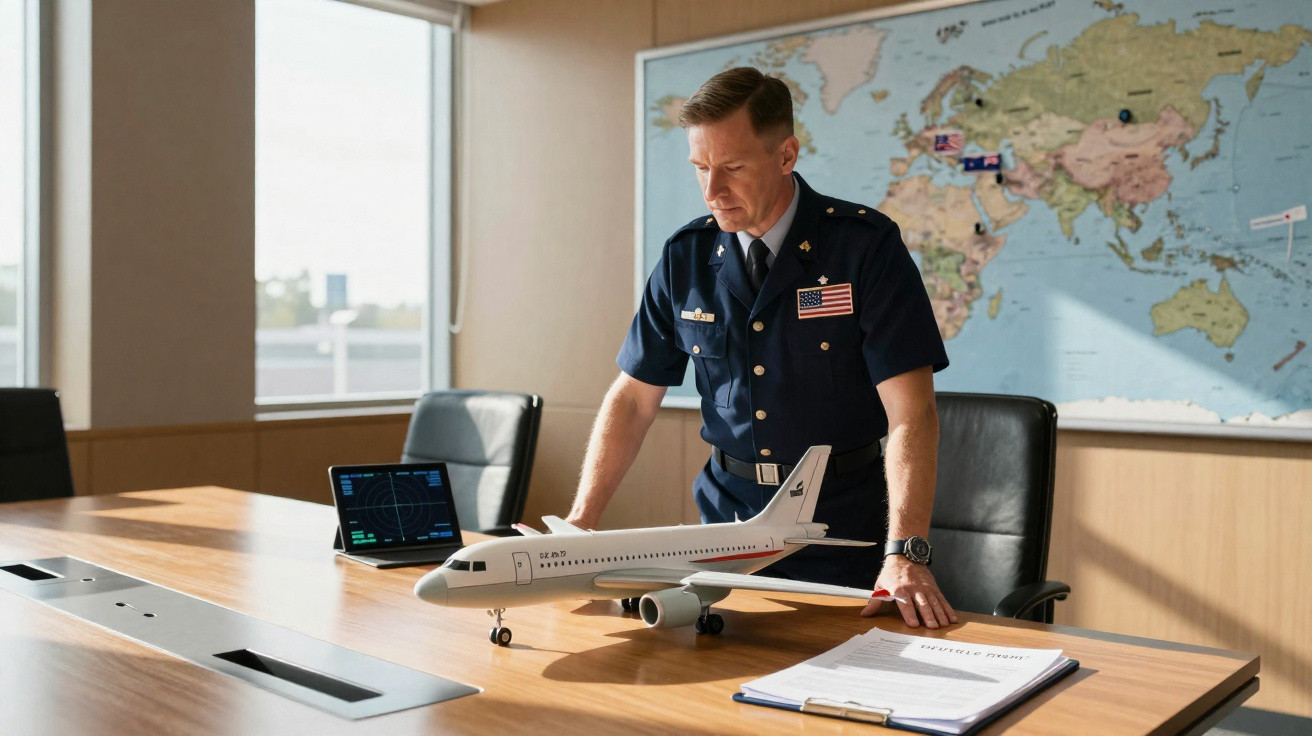 Homem em uniforme militar americano observa modelo de avião em sala com mesa, mapa-múndi e laptop.