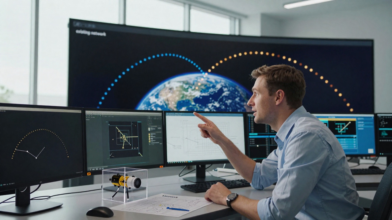 Homem analisando dados em vários monitores com imagem da Terra em fundo de tela grande.