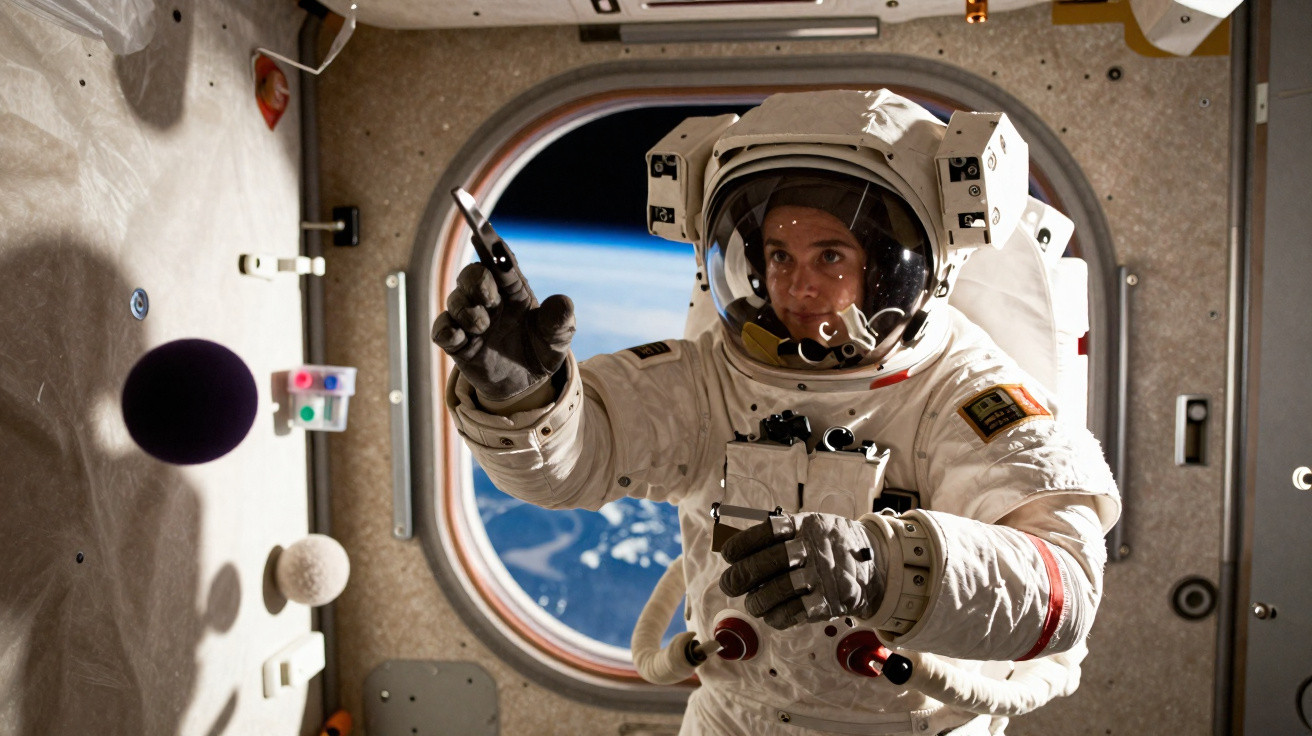 Astronauta em traje espacial dentro de estação espacial com vista da Terra pela janela.