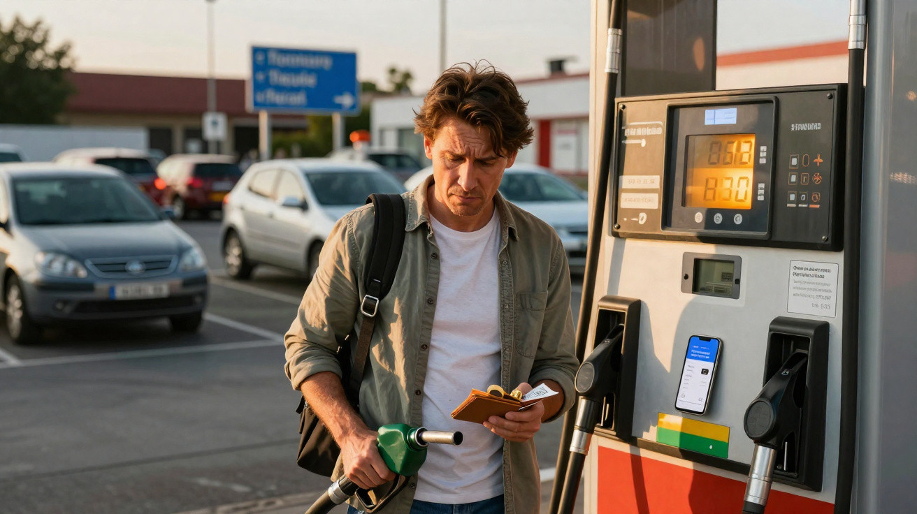 Homem com expressão preocupada segura bomba de gasolina e carteira em posto de combustível ao entardecer.