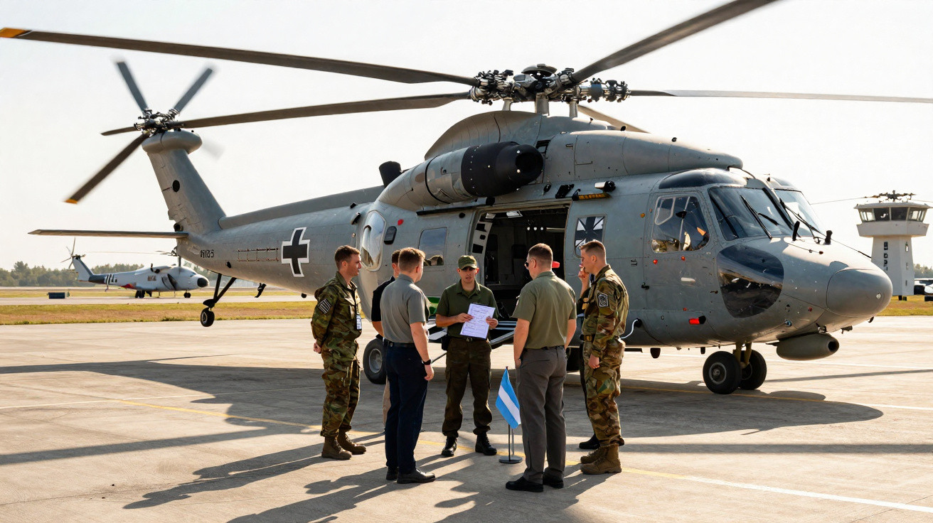 Cinco militares em grupo ao lado de helicóptero cinza estacionado em pista de aeroporto militar.