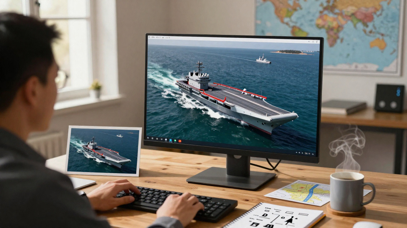 Pessoa trabalhando no computador com imagem de navio porta-aviões na tela e na mesa, ao lado de café fumegante.