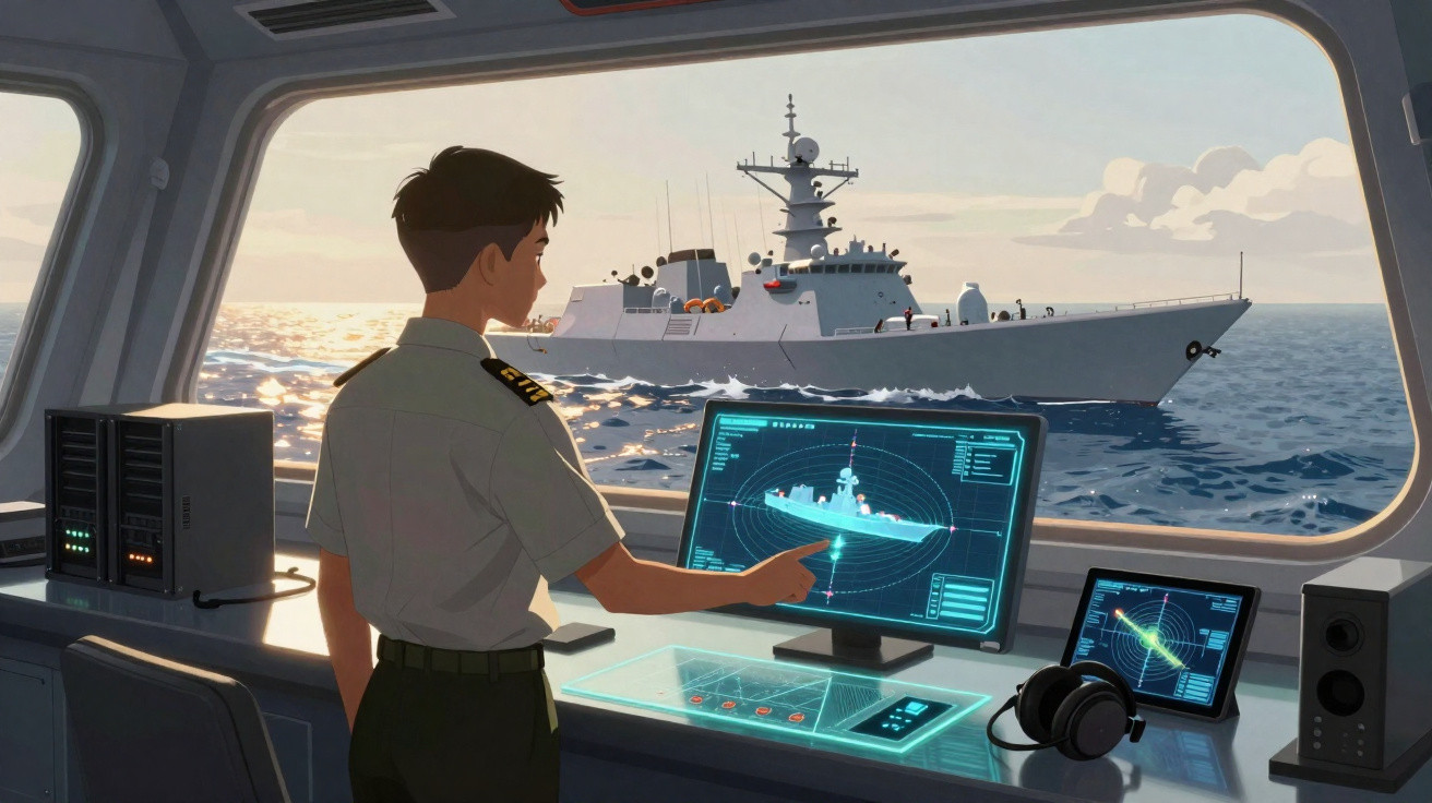Jovem oficial observa navio de guerra no mar pela janela usando tela e radar em computador futurista.