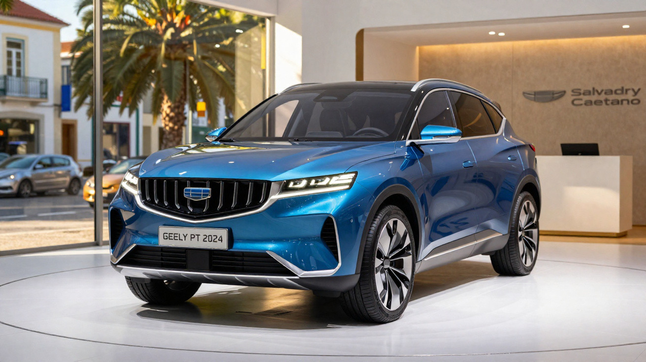 Carro SUV elétrico Geely PT 2024 azul exposto em showroom moderno, com luz natural e decoração minimalista.