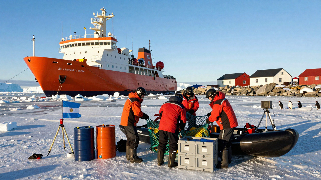 Equipe com casacos vermelhos trabalha ao lado de barco inflável no gelo perto de navio quebra-gelo laranja e pinguins.