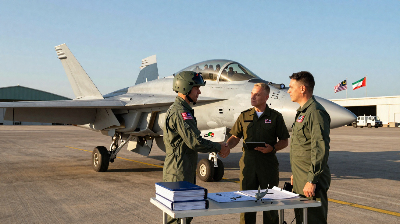 Três pilotos militares em uniforme verde cumprimentam-se em frente a um caça estacionado no aeroporto.