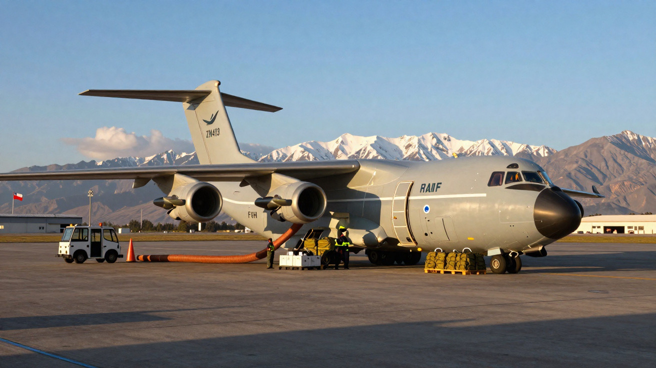 Avião militar cinza estacionado com trabalhadores e montanhas nevadas ao fundo em dia ensolarado.