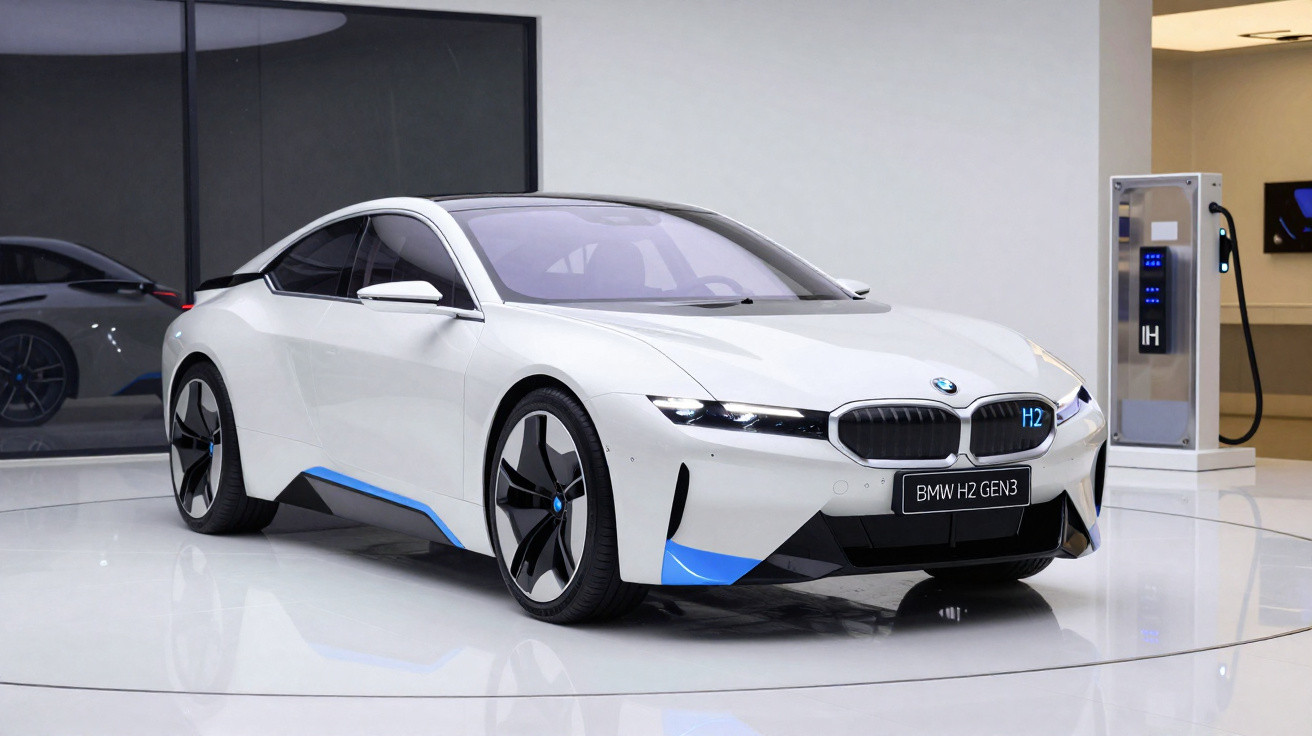 Carro esportivo elétrico BMW branco em exposição, modelo H2 GEN3, em ambiente moderno e iluminado.