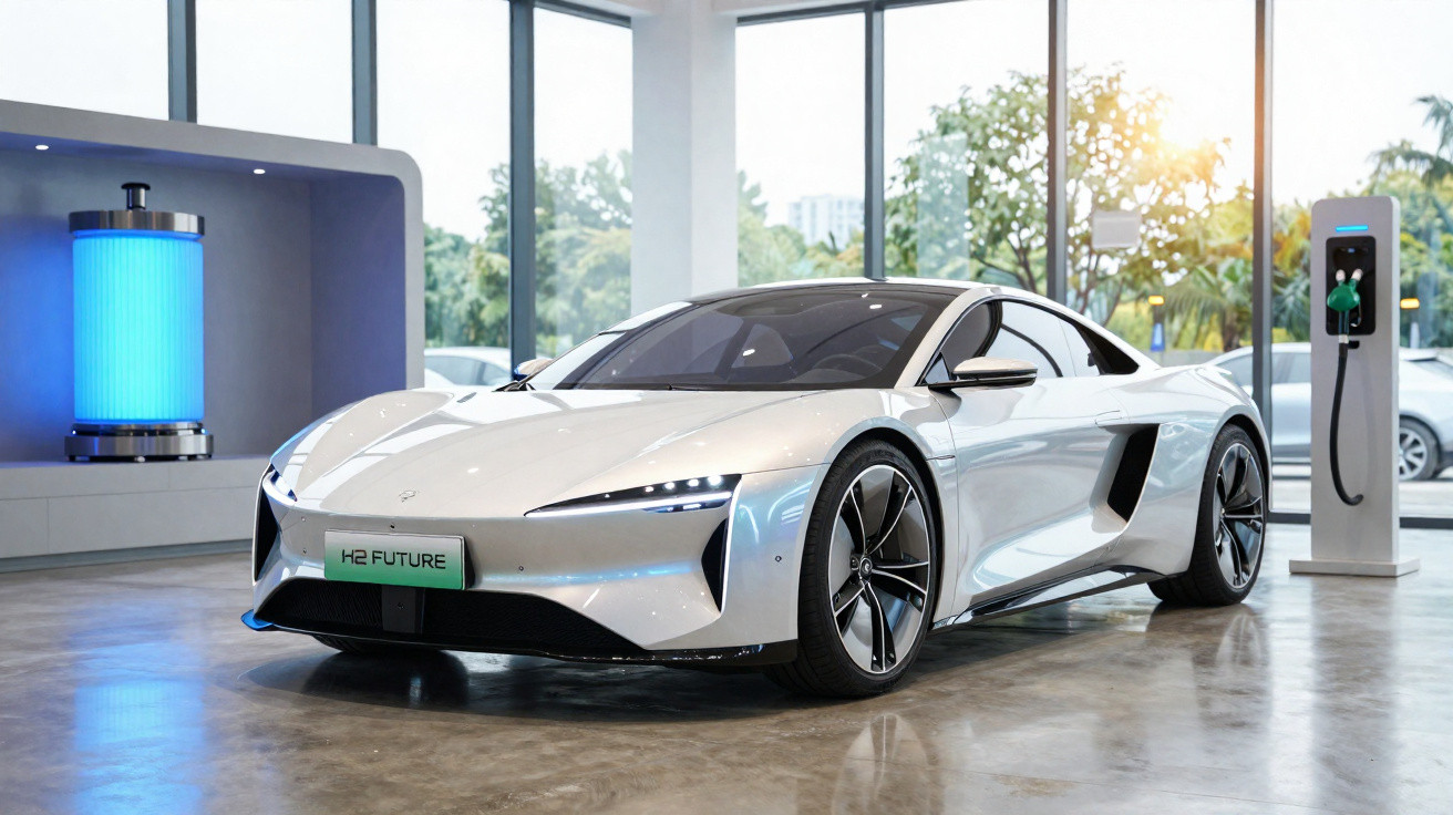 Carro esportivo elétrico branco estacionado em ambiente moderno com estação de recarga ao lado.