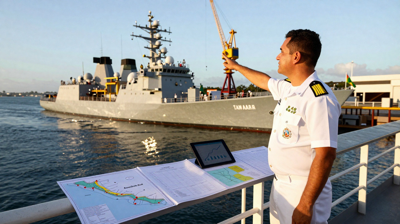 Oficial naval apontando para um navio de guerra cinza ancorado em um porto ao amanhecer.