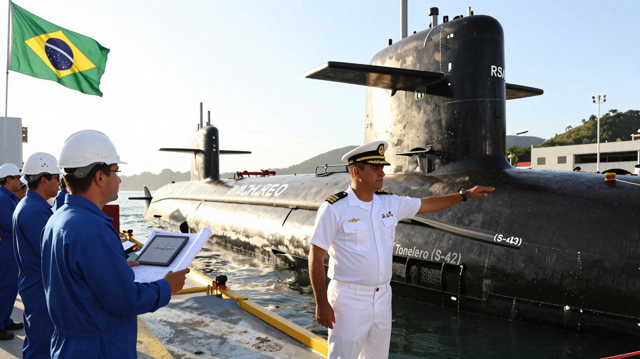 Oficiais da marinha em uniforme e capacetes inspecionam submarino brasileiro ancorado no porto.
